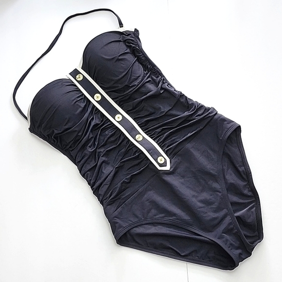 Women's Black One Piece Swimsuit Gold Button Feature Front Rusched Size S/M - Picture 15 of 15